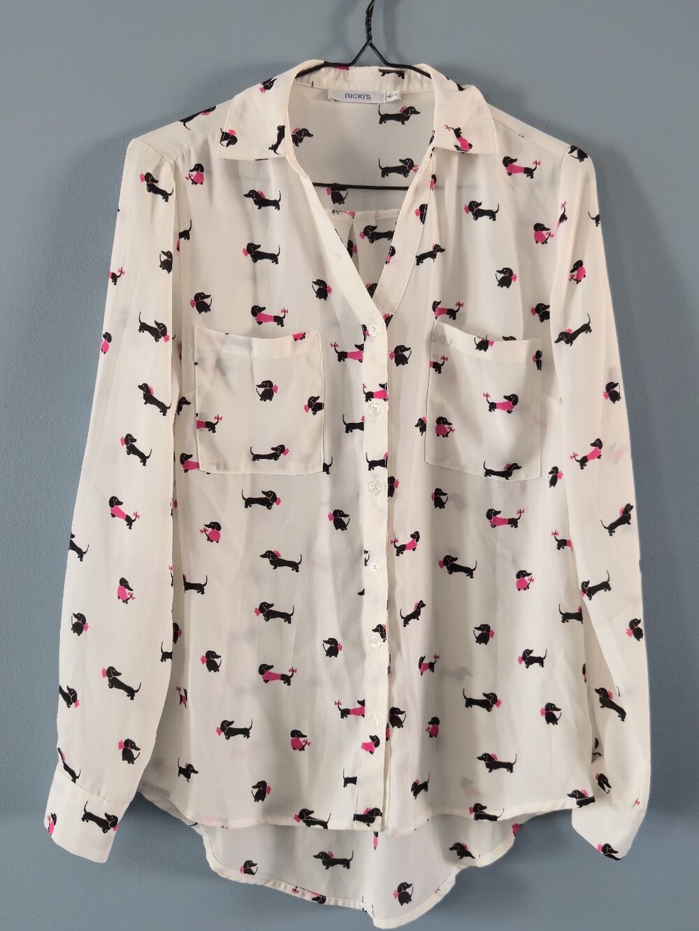 Button-Front White Long-Sleeve Blouse with Pink & Black Dachshund Print